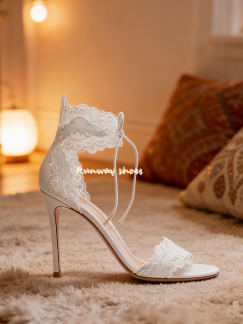 Wedding Fx - Spitzenstoff-Schuhe mit Einzelriemen, Runder Zehenkappe, Knöchelbandage,