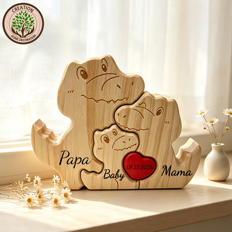 Wedding Souvenir - Personalisiertes, handgefertigtes Holzpuzzle mit Dinosaurier-Familienmotiv, lasergraviert,