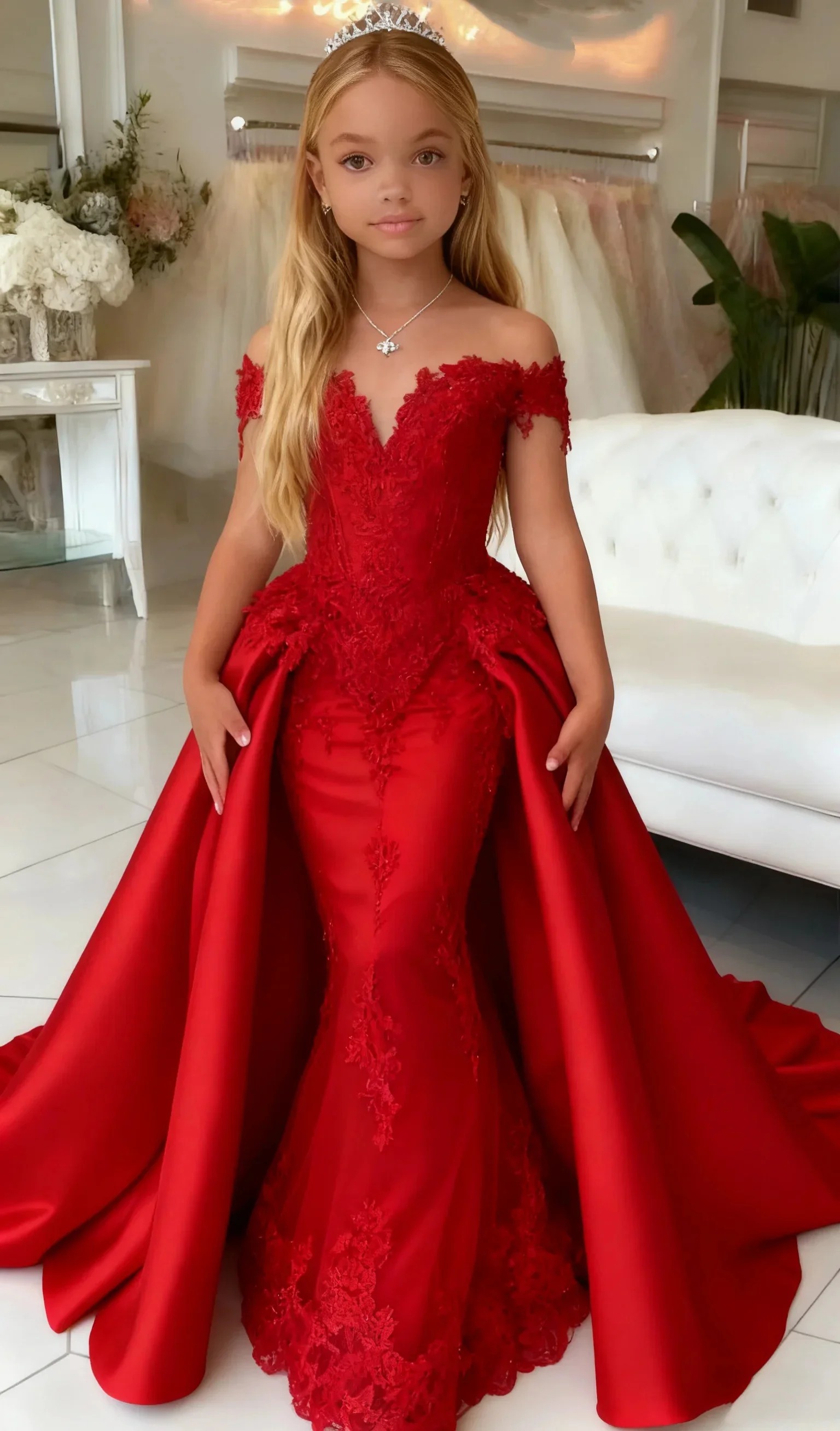 Bridal Sash Ribbon - Hochzeitskleid Geburtstagsparty-Kleid Maßgeschneidertes Blumenmädchenkleid Schulterfreies Spitzen-Meerjungfrauenkleid